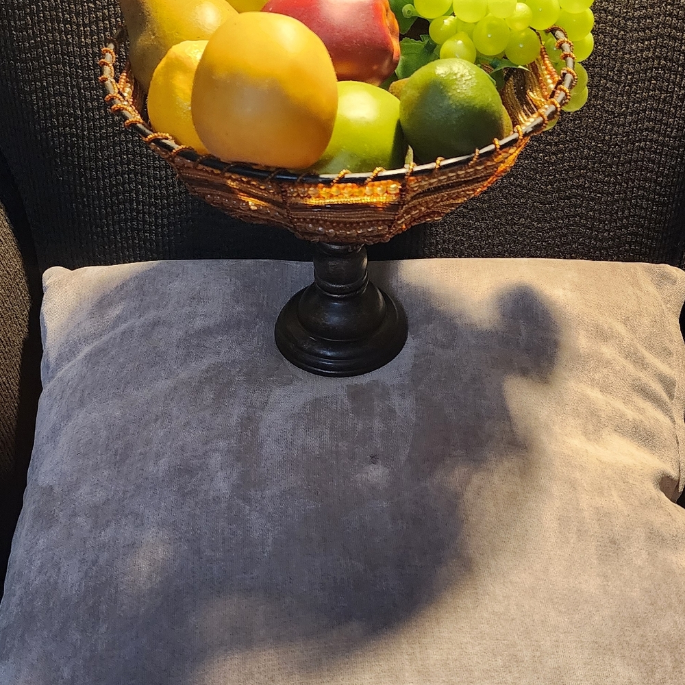 Vintage Glass Seed Bead Pedestal Wire Basket Bowl Decorative